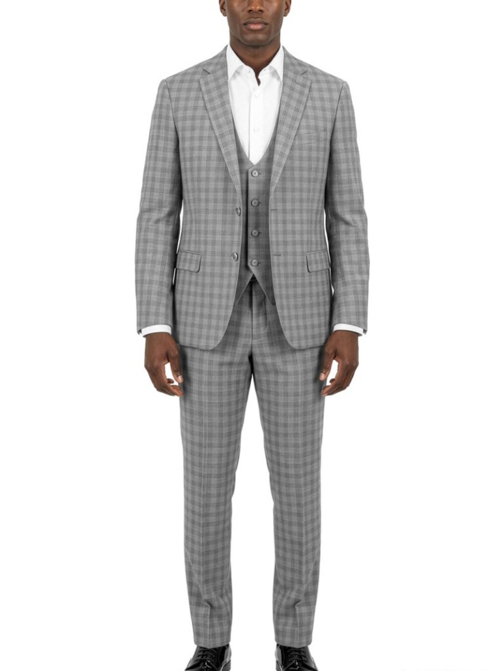 Light Grey Windowpane Plaid Notch Lapel 3 Piece Men's Suit